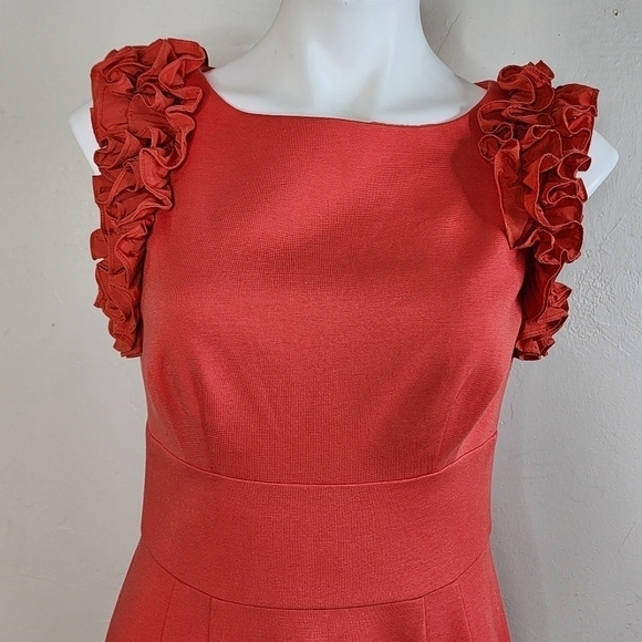 Trina Turk Coral Orange Midi Dress with Ruffle Sleeves Size 10 - Picture 2 of 13